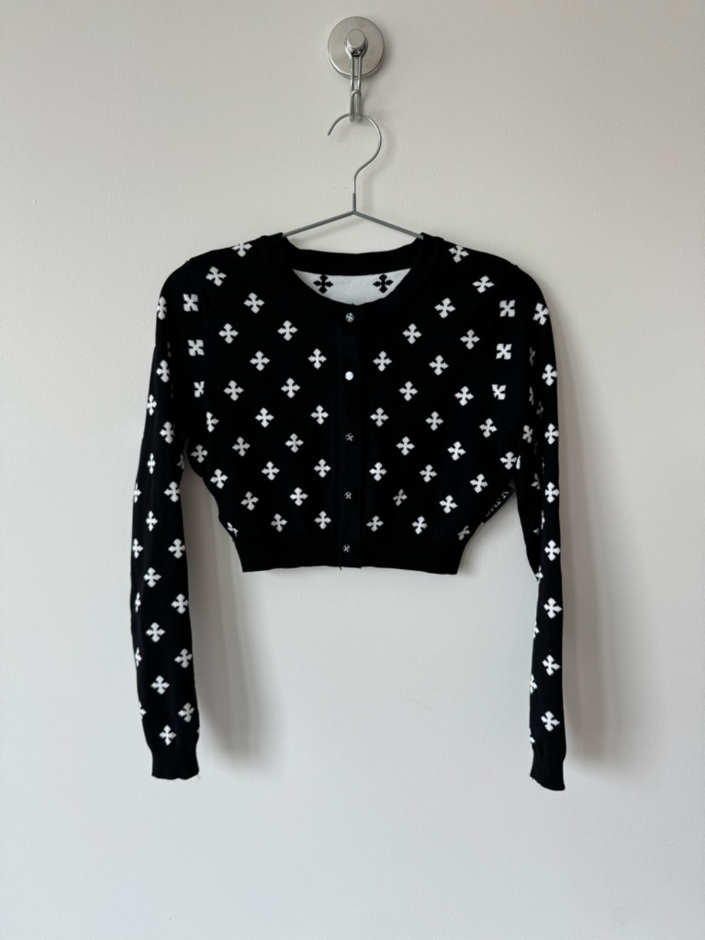 SMFK Cropped Jaquard Cardigan in Black with White Cross Pattern - Size S